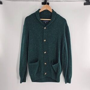 Crown & Ivy Mens Med Green Speckled Button Front Donegal Collar Sweater Cardigan